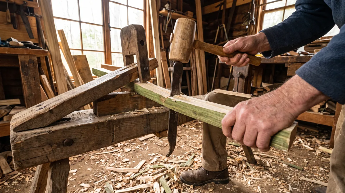A froe driven into the end of a green ash billet on a riving brake, the split opening along the grain, shavings on the floor.
