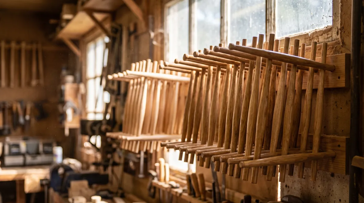 A wall rack of shaved ash spindles drying in rows, the nearest ones in focus.